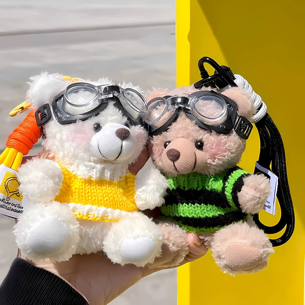 INS Style Pilot Teddy Plush Keychain – Cute Creative Bear Bag Charm & Gift-Green/Black