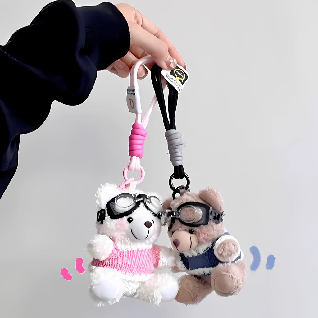 INS Style Pilot Teddy Plush Keychain – Cute Creative Bear Bag Charm & Gift-white pink