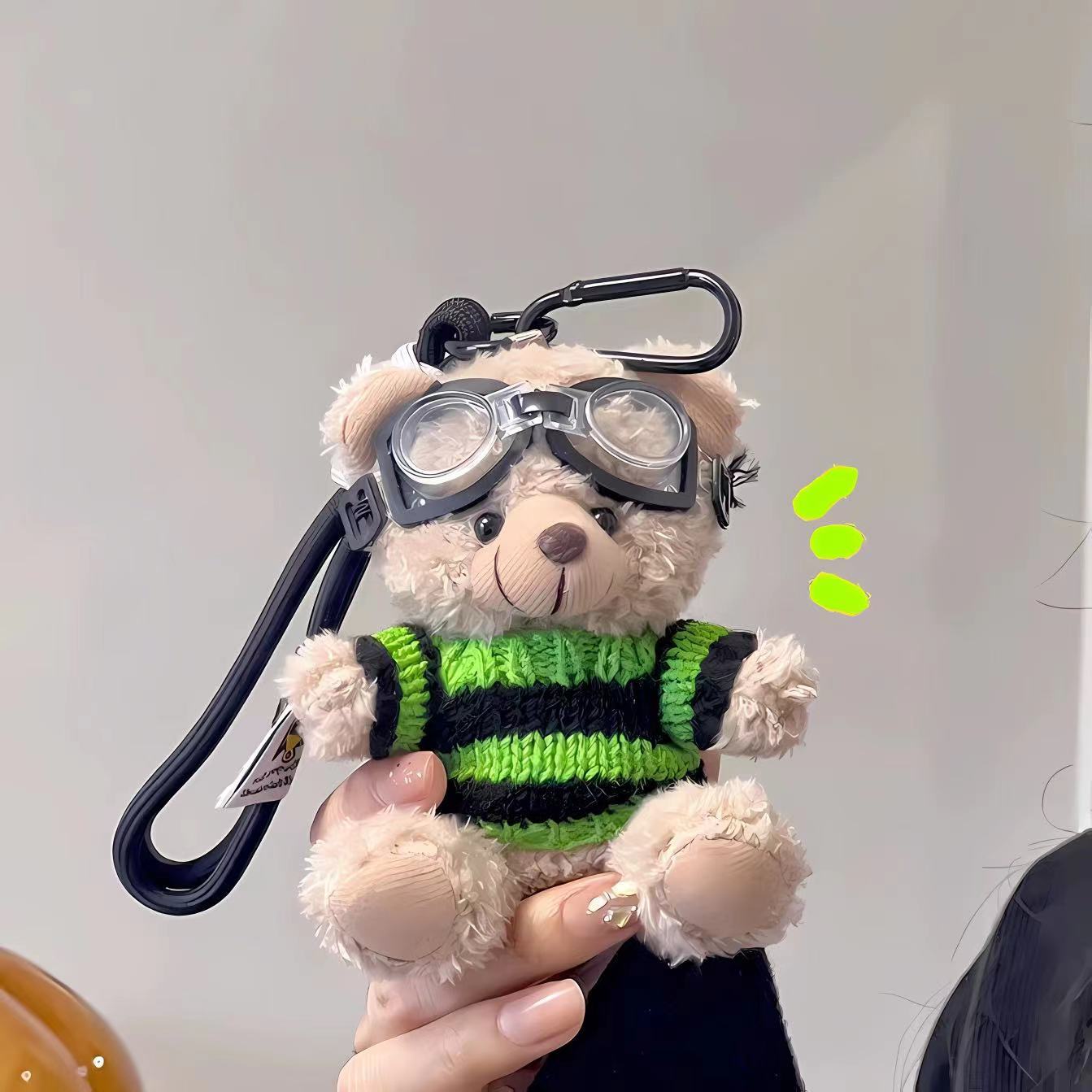 INS Style Pilot Teddy Plush Keychain – Cute Creative Bear Bag Charm & Gift-Green/Black