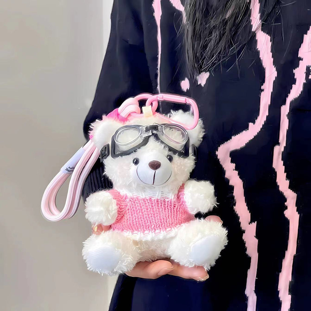 INS Style Pilot Teddy Plush Keychain – Cute Creative Bear Bag Charm & Gift-white pink